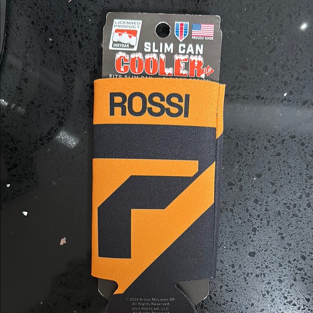 NEW NASCAR McLauren Indycar Rossi Slim Can Cooler in Orange and Black